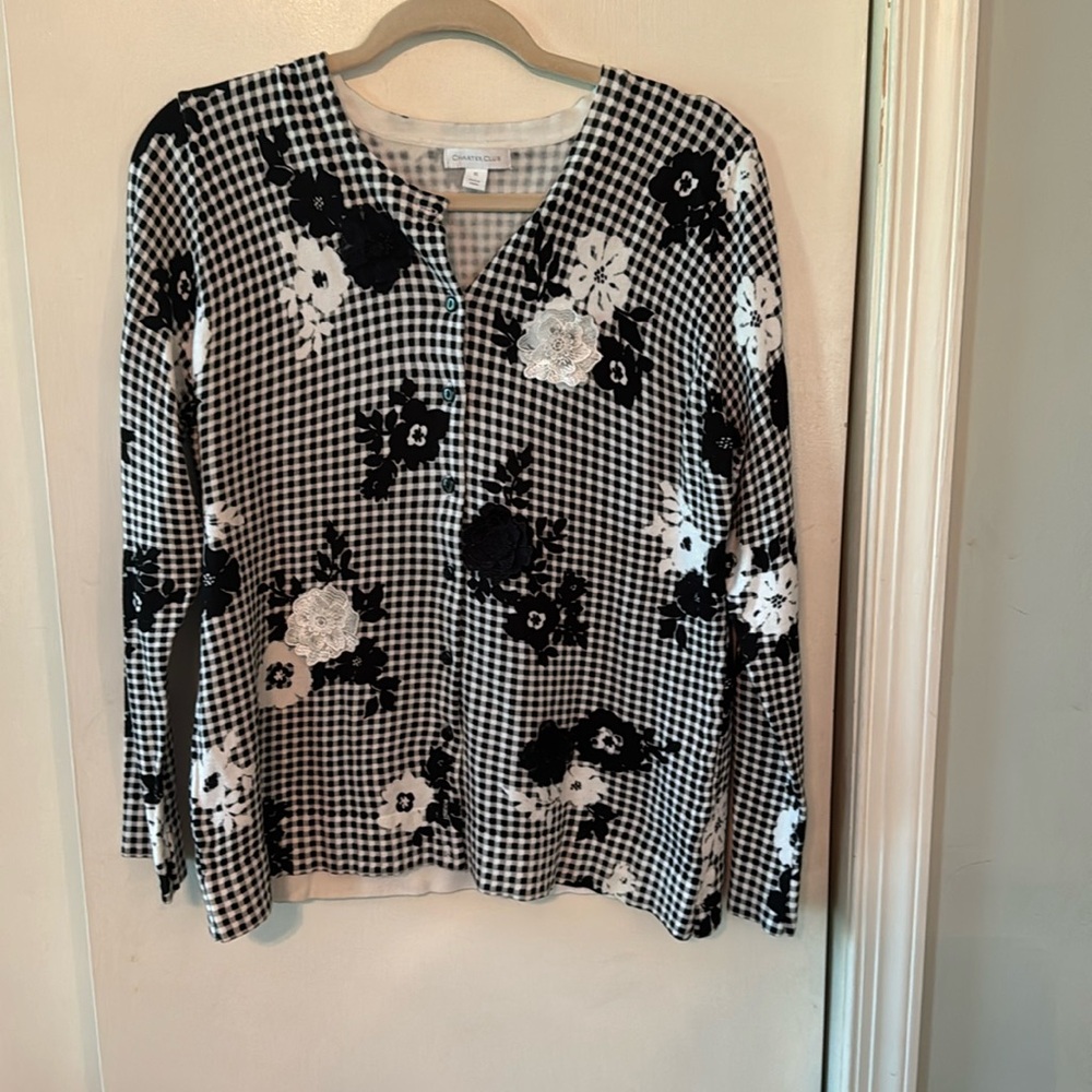 Charter Club Gingham Flower Appliqué Cardigan Sweater Size XL